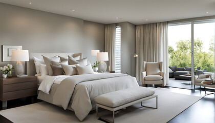 sleek contemporary bedroom with soft neutral bedding