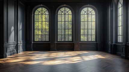 Minimalist Black Interior with Wooden Herringbone Floor and Arched Windows