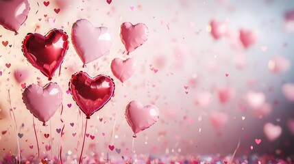 Vibrant Heart Balloons Floating in a Dreamy Atmosphere with Hearts, Symbolizing Love, Romance, Celebration, Joy, and Affection in a Colorful Background