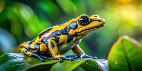 Fototapeta premium Yellow Banded Poison Dart Frog Bokeh Photography: Macro Shot, Rainforest, Amphibian, Wildlife, Nature, Closeup
