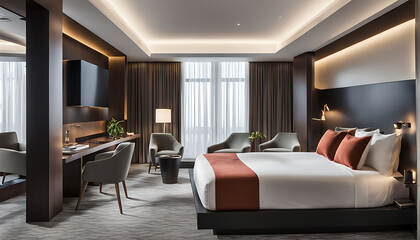 Fototapeta premium sleek hotel room with modern furniture and a deluxe bed