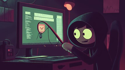 Mysterious Hacker in Dark Room Analyzing Data on Computer Screen with Green and Red Lighting, Surrounded by Technology and Tools for Cybersecurity