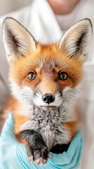 Veterinarian tending to wounds of rescued fox at wildlife shelter during daylight hours