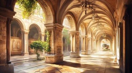 Obraz premium Sunlit cloister courtyard, arched hallway, ancient architecture, peaceful background, ideal for travel brochures