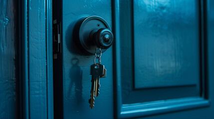 Close-Up of House Keys Dangling from Door Lock at Twilight