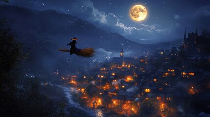 Naklejka premium Witch flying on broomstick over moonlit medieval village.