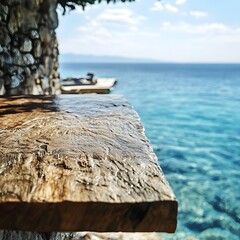 Close-Up Of A Rough Brown Wooden Counter With Natural Textures Set Against A Crystal-Clear Sea View, Ideal For Showcasing Rustic Outdoor Design Elements.