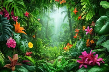 Fototapeta premium Lush Tropical Jungle with Vibrant Flowers and Dense Foliage