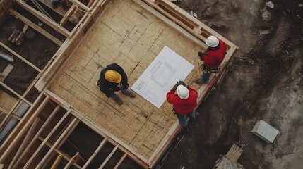 Construction Workers Reviewing Building Plans Onsite