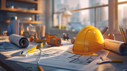 Fototapeta premium Architectural Workspace with Hard Hat, Blueprints, and Measuring Tools in Sunlit Office