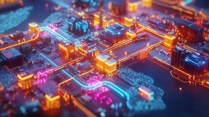 Obraz premium Futuristic city circuit board glowing neon lights.