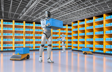 Automation warehouse with assistant robot work in warehouse