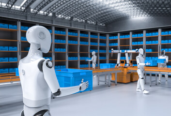 Automation warehouse with assistant robot work in warehouse