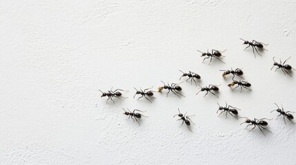 Fototapeta premium Group of Black Ants Crawling on White Surface in Natural Habitat