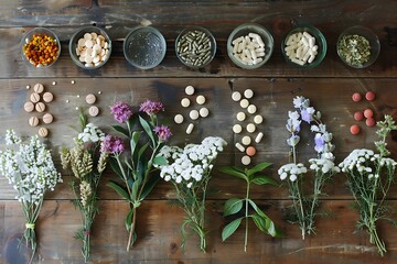 Herbs and flowers on wooden background. Flat lay, top view.