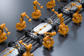 Robot assembly line with ev car battery on undercarriage platform