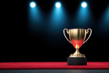 A shiny gold trophy on a podium, illuminated by blue spotlights against a dark background, resting on a red carpet.