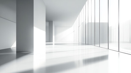 Fototapeta premium Modern interior of an empty white hall with glass walls, light shadows, and reflections on the floor, minimalist design