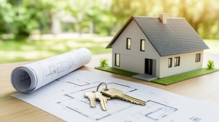 A miniature house model sits next to a blueprint and keys, symbolizing home ownership and architectural planning in a serene outdoor setting.