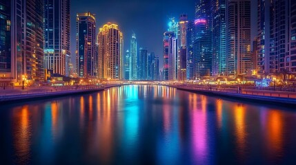 Fototapeta premium Illuminated Cityscape Reflecting in Calm Water at Night