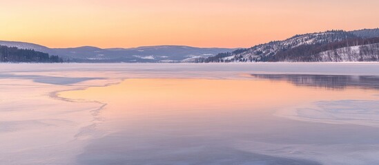 Obraz premium Serene winter sunset over a frozen lake reflecting the warm pastel sky and snow-covered hills.