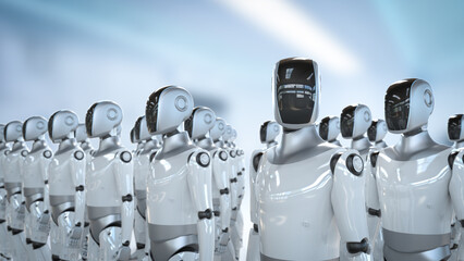 Humanoid robot assembly or group of cyborgs in factory