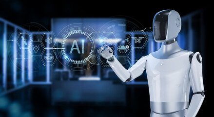 Ai technology with humanoid robot with hud graphic interface