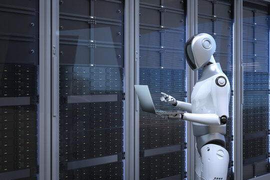 Automation server with humanoid robot working in server room