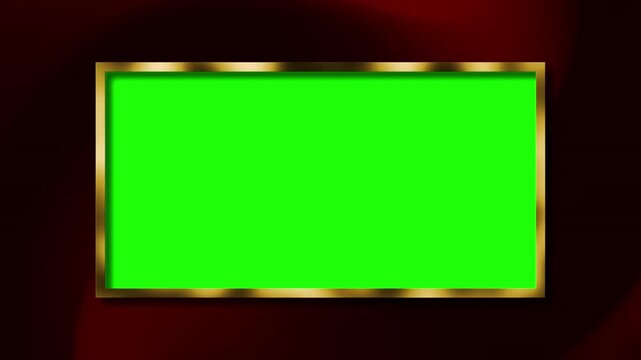 Green screen in a gold frame on a red background. Perfect for video editing, digital manipulation, chroma keying projects. 4k animation