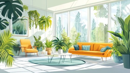 Fototapeta premium Sunlit living room with yellow sofa, plants, and large windows.