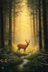 Majestic Deer Standing in Sunlit Forest Surrounded by Greenery