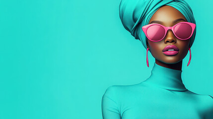 A fashion portrait of a young Black woman in a turquoise outfit, wearing pink sunglasses and a turban, isolated against a cyan background
