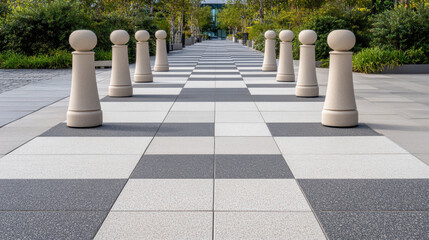 Large decorative bollards resembling chess pawns line modern plaza, creating playful yet elegant atmosphere