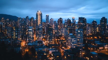 Obraz premium A visually powerful cityscape at dusk with lights dimmed across buildings