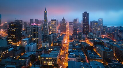 Fototapeta premium A visually powerful cityscape at dusk with lights dimmed across buildings