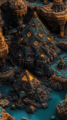 Fototapeta premium Futuristic Geometric Structures in a Mystical Canyon Setting with Vibrant Colors and Light.