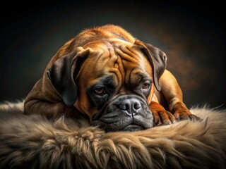 Obraz premium Hyperrealistic Sleeping Boxer Dog Photography - Dark Textured Surface, Peaceful Expression, Detailed Fur