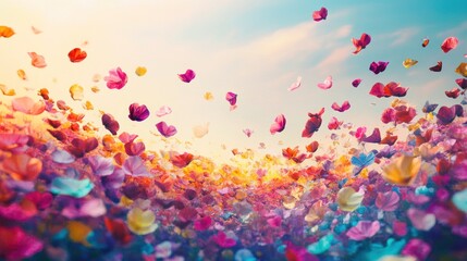 Colorful petals floating in the sky at sunset.