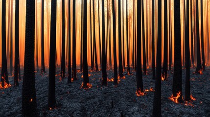 Wildfire Forest Damage Concept, Ethereal Landscape of Blackened Tree Trunks Surrounded by Ash in a Desolate Forest at Twilight