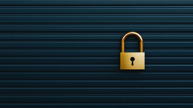 golden lock on dark gray warehouse shutter creates striking contrast, symbolizing security and protection