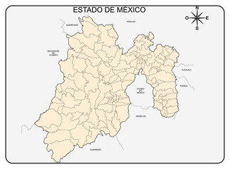 Fototapeta premium Map of the State of Mexico with political division, between neighboring states and municipalities of the state, without names, in black and white, ideal for school