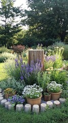 Fototapeta premium Vibrant Garden Scene with Flower Pots and Tree Stump in a Lush Park Setting