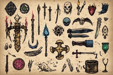 A whimsical handdrawn vector collection of witchcraft designs, featuring magical tools, runes, and enchanted objects, sketched in a mystical doodle style, ideal for tattoos