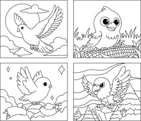 Children coloring page - 4 pictures bundle - bird series - pigeon,eagle,sparrow