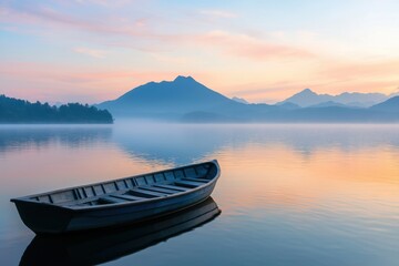 Serene Sunset Over Tranquil Lake with Lonely Boat on Water