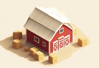 Isometric Barn and Hay Bales Illustration