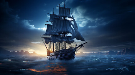 Fototapeta premium Night sailing, wallpaper, a large junk ship floating in the middle of the water at night.