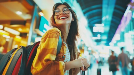 Obraz premium The smiling woman carries her luggage in the bustling airport, exudes youthful joy, enjoys the vibrant city life, and indulges in shopping at a coffee shop with friends 