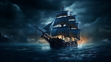 Fototapeta premium Night sailing, wallpaper, a large junk ship floating in the middle of the water at night.