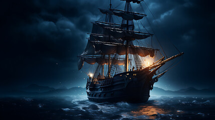 Night sailing, wallpaper, a large junk ship floating in the middle of the water at night.